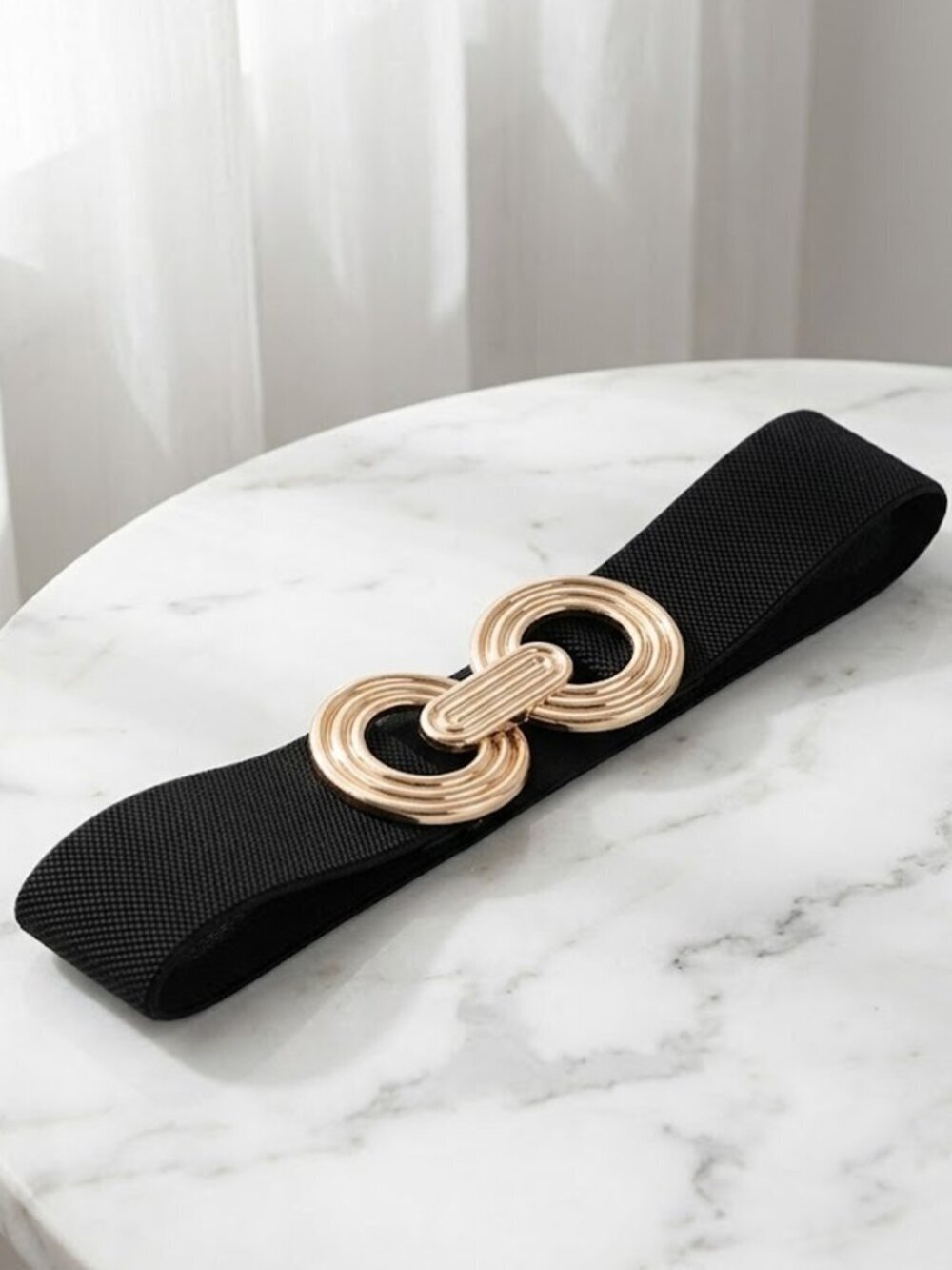 Ladies Double Circle Black Stretch Belt - 33.5 Inches